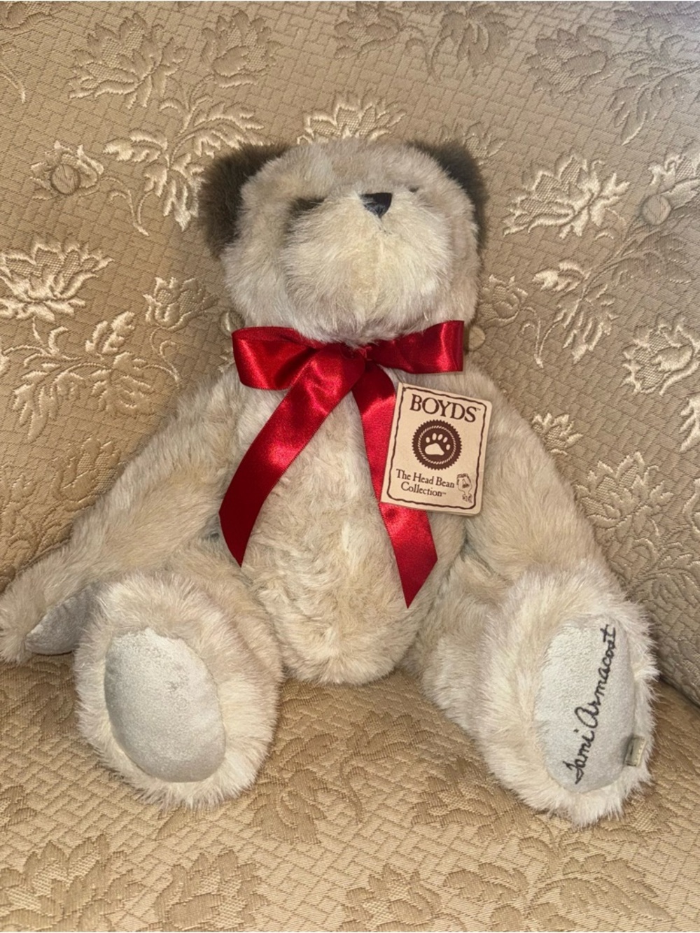 Boyds Bear Thomas Albert Plush Teddy Cream Red Bow Head Bean Collection